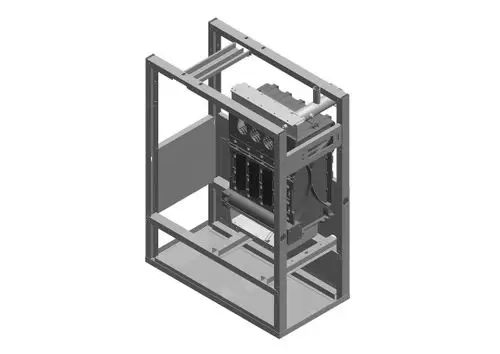 BOSCH Kesselblock in einem Gestell, sichtbar sind verschiedene Anschlüsse und Komponenten, die für Heiz- oder Warmwasseranwendungen verwendet werden.